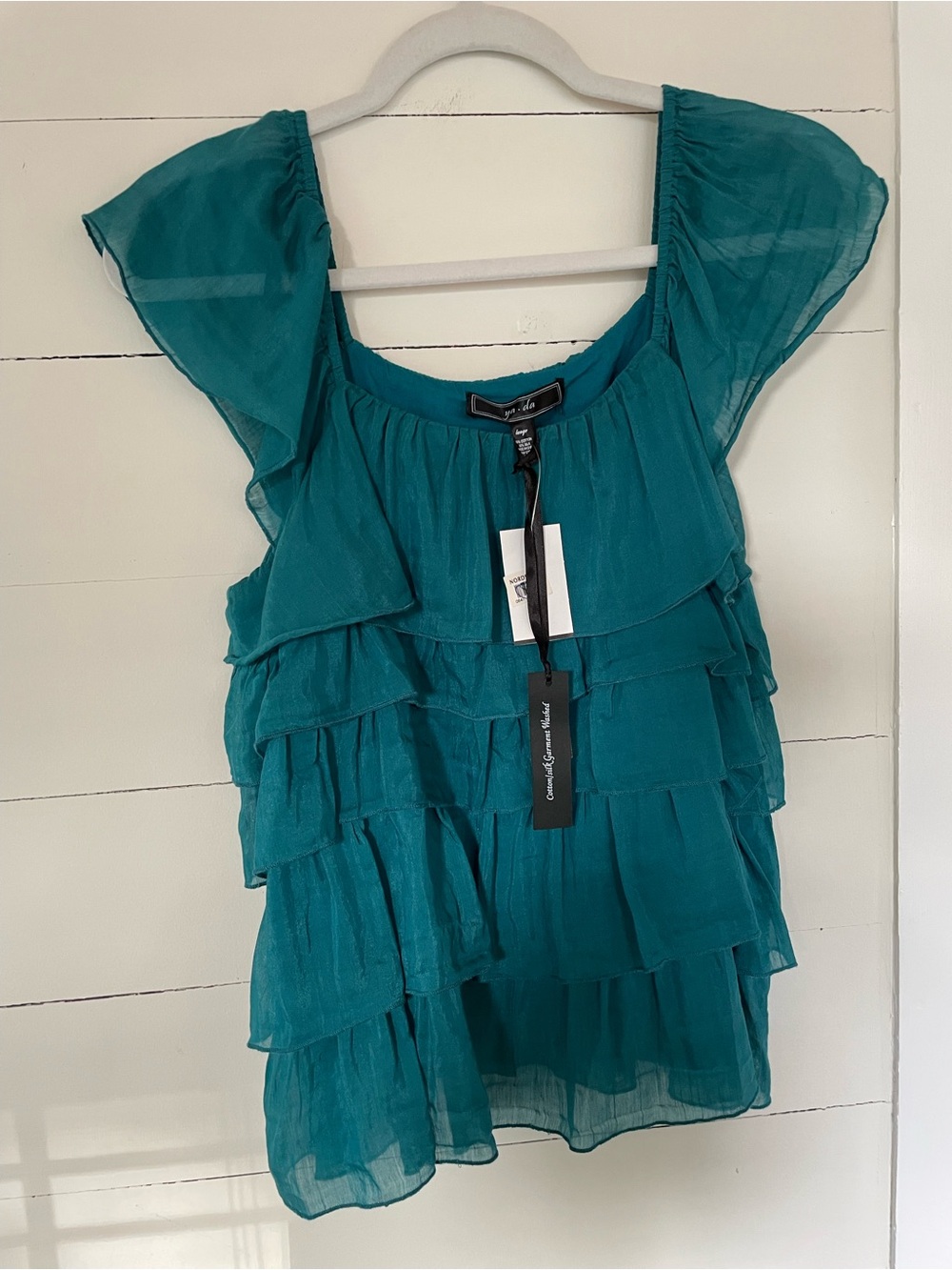 NWT Ya-Da Teal Cotton/Silk Tiered Ruffle Women's sleeveless Top, Size Large - Picture 2 of 7